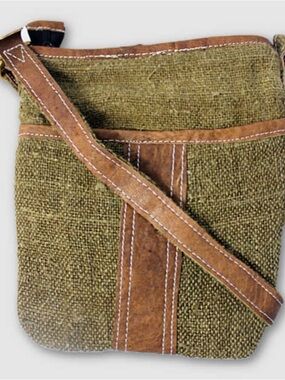 Olive Green Canvas Crossbody Bag with Brown Faux Leather Trim